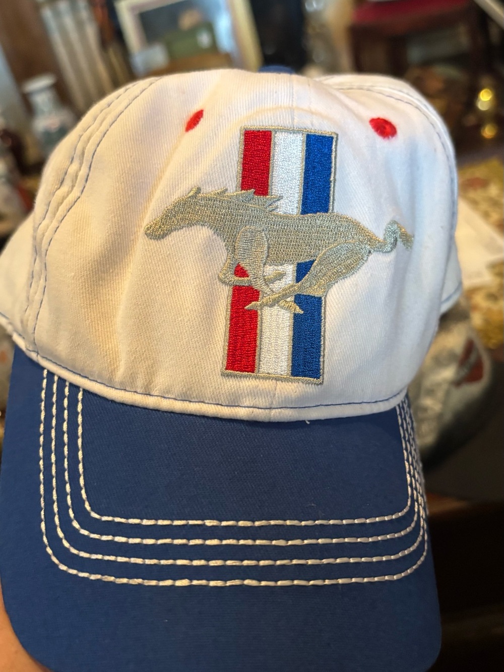 Open Road Brands White and Blue Mustang Logo Baseball Cap